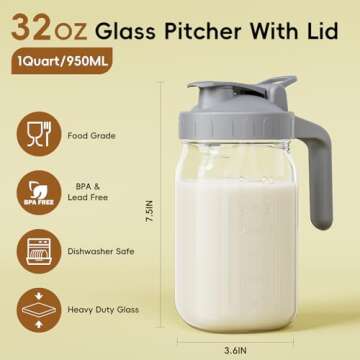 JunVpic Breast Milk Pitcher Jug - 32 oz Glass Mason Jar Airtight Pitcher with Pour Spout Handle for ...