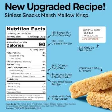 New Improved Recipe - Sinless Snacks Marsh Mallow Krisp - Perfect Keto Snacks - Delicious Gluten Free Low Carb Snacks - Marshmallow Keto Cereal Bars – Soft & Chewy Low Sugar Snack – Less Than 1g Sugar - 10g Protein - 2g Net-Carbs –8 Count