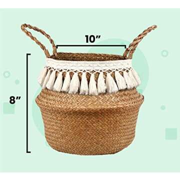 ZPirates Plant Basket with Wood Stand for Planter Pot 10 Inches Dia - Made of Wicker Seagrass, Macrame and Dark Bamboo - All-natural, Medium
