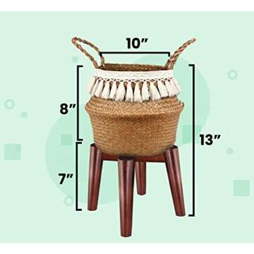 ZPirates Plant Basket with Wood Stand for Planter Pot 10 Inches Dia - Made of Wicker Seagrass, Macrame and Dark Bamboo - All-natural, Medium