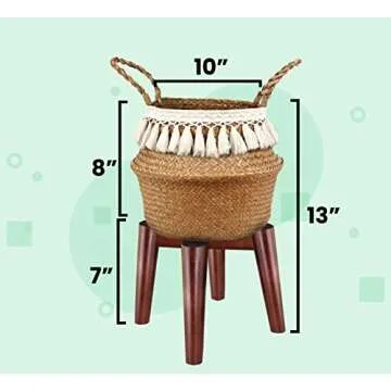 ZPirates Plant Basket with Stylish Bamboo Stand - 10 Inches