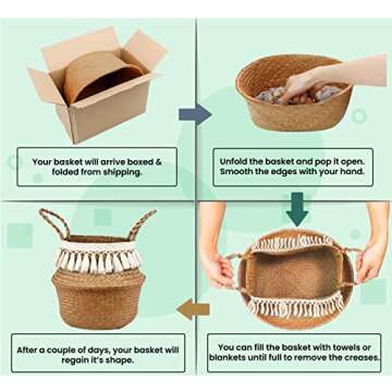 ZPirates Plant Basket with Wood Stand for Planter Pot 10 Inches Dia - Made of Wicker Seagrass, Macrame and Dark Bamboo - All-natural, Medium