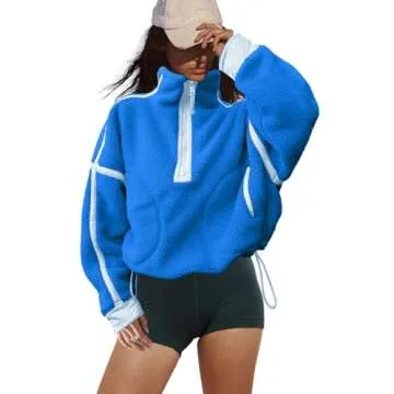 LAMISSCHE Half Zip Sweatshirt Women Oversized Sherpa Jacket V Neck Fleece Pullover Hoodie with Pockets(Royal Blue,L)
