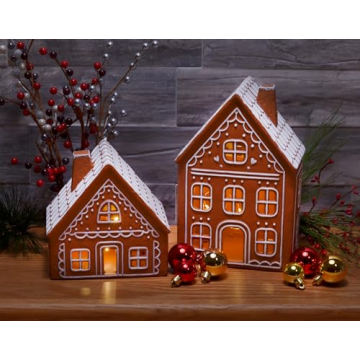 Pre-lit Ceramic Gingerbread Holiday Houses Set of 2