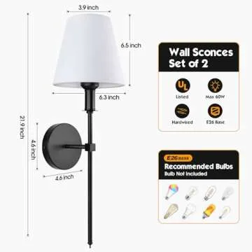 SoodMi Wall Sconces Sets of 2, Retro Industrial Wall Lamps, Bathroom Vanity Sconces Wall Lighting with White Fabric Shades, Wall Lights for Bedroom Living Room Kitchen and Corridor