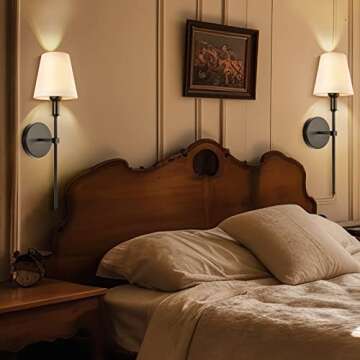 SoodMi Wall Sconces Sets of 2, Retro Industrial Wall Lamps, Bathroom Vanity Sconces Wall Lighting with White Fabric Shades, Wall Lights for Bedroom Living Room Kitchen and Corridor