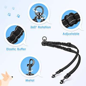 AUTOWT Double Dog Leash, No Tangle 360°Swivel Rotation Reflective Lead Attachment Adjustable Length Dual Two Dogs Lead Splitter, Comfortable Shock Absorbing Walking Training for 2 Dogs