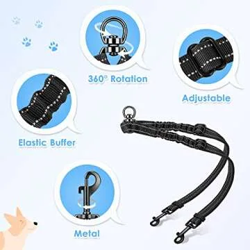AUTOWT Double Dog Leash, No Tangle 360°Swivel Rotation Reflective Lead Attachment Adjustable Length Dual Two Dogs Lead Splitter, Comfortable Shock Absorbing Walking Training for 2 Dogs