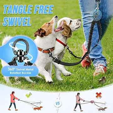 AUTOWT Double Dog Leash, No Tangle 360°Swivel Rotation Reflective Lead Attachment Adjustable Length Dual Two Dogs Lead Splitter, Comfortable Shock Absorbing Walking Training for 2 Dogs