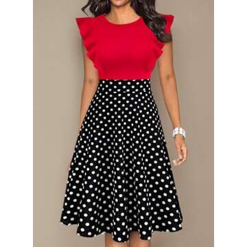 Women's Work Dresses Vintage Ruffle Sleeves Floral Print Flared A Line Swing Summer Dress Casual Wedding Guest Cocktail Party Dresses with Pockets Red Black White Polka Dot Medium