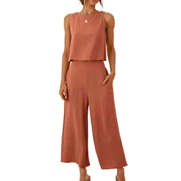 ANRABESS Women's Summer 2 Piece Outfits Sleeveless Crop Top Capri Wide Leg Pants Jumpsuit Casual Lin...