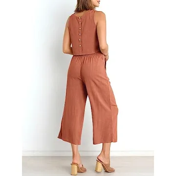 ANRABESS Women's Summer 2 Piece Outfits Sleeveless Crop Top Capri Wide Leg Pants Jumpsuit Casual Linen Lounge Matching Sets Beach Travel 2024 Trendy Clothes Rust Large