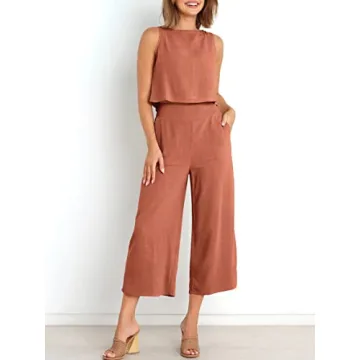 ANRABESS Women's Summer 2 Piece Outfits Sleeveless Crop Top Capri Wide Leg Pants Jumpsuit Casual Linen Lounge Matching Sets Beach Travel 2024 Trendy Clothes Rust Large