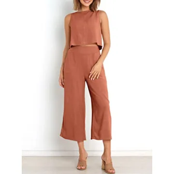 ANRABESS Women's Summer 2 Piece Outfits Sleeveless Crop Top Capri Wide Leg Pants Jumpsuit Casual Linen Lounge Matching Sets Beach Travel 2024 Trendy Clothes Rust Large