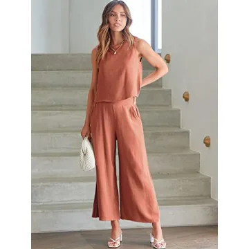 ANRABESS Women's Summer 2 Piece Outfits Sleeveless Crop Top Capri Wide Leg Pants Jumpsuit Casual Linen Lounge Matching Sets Beach Travel 2024 Trendy Clothes Rust Large