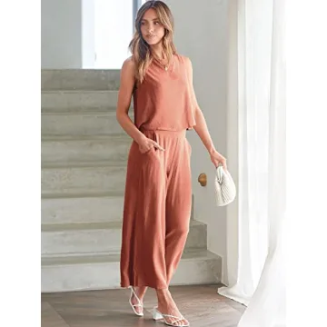 ANRABESS Women's Summer 2 Piece Outfits Sleeveless Crop Top Capri Wide Leg Pants Jumpsuit Casual Linen Lounge Matching Sets Beach Travel 2024 Trendy Clothes Rust Large