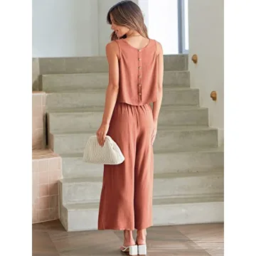 ANRABESS Women's Summer 2 Piece Outfits Sleeveless Crop Top Capri Wide Leg Pants Jumpsuit Casual Linen Lounge Matching Sets Beach Travel 2024 Trendy Clothes Rust Large
