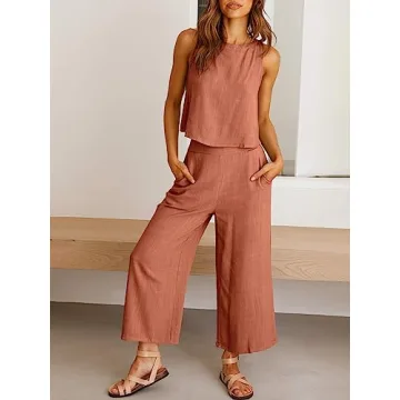 ANRABESS Women's Summer 2 Piece Outfits Sleeveless Crop Top Capri Wide Leg Pants Jumpsuit Casual Linen Lounge Matching Sets Beach Travel 2024 Trendy Clothes Rust Large