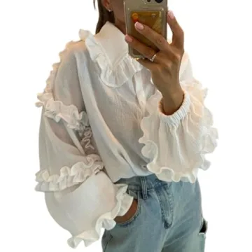 colorat Women's Casual Lantern Long Sleeve Shirt with Ruffle Trim