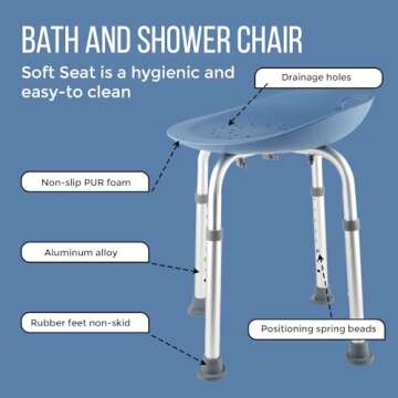 Height Adjustable Bath & Shower Chair for Seniors – Ergonomic Foam Seat, Anti-Slip Feet, Sturdy Sh...