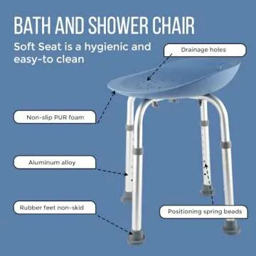 Height Adjustable Bath & Shower Chair for Seniors – Ergonomic Foam Seat, Anti-Slip Feet, Sturdy Sh...
