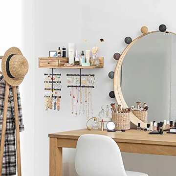 VINAEMO Jewelry Organizer Hanging Wall Mounted Jewelry Holder with Rustic Wood Drawer & Large Capaci...