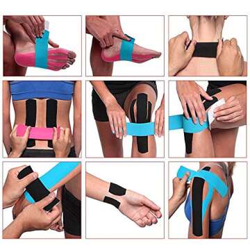 OBTANIM 4 Rolls Waterproof Breathable Kinesiology Tape, Athletic Elastic Kneepad Muscle Pain Relief Knee Taping for Gym Fitness Running Tennis Swimming Football (Black, Skin, Pink, Light Blue)