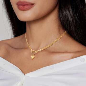 Airmb Heart Necklace for Women Gold Plated 14K Chunky Cuban Chain Trendy Heart Choker Pendant Gold O...