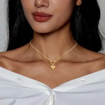 Airmb Heart Necklace for Women Gold Plated 14K Chunky Cuban Chain Trendy Heart Choker Pendant Gold OT Toggle Non Tarnish Hypoallergenic Fashion Gold Locket Necklace Jewelry Love Gift for Women