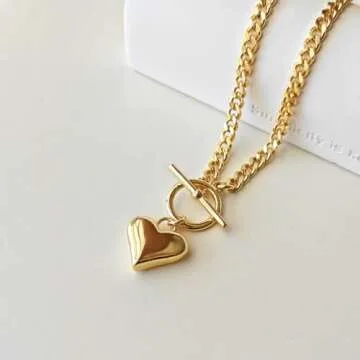 Airmb Heart Necklace for Women Gold Plated 14K Chunky Cuban Chain Trendy Heart Choker Pendant Gold OT Toggle Non Tarnish Hypoallergenic Fashion Gold Locket Necklace Jewelry Love Gift for Women