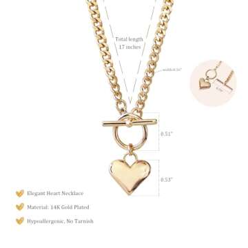 Airmb Heart Necklace for Women Gold Plated 14K Chunky Cuban Chain Trendy Heart Choker Pendant Gold OT Toggle Non Tarnish Hypoallergenic Fashion Gold Locket Necklace Jewelry Love Gift for Women