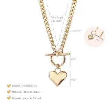 Airmb Heart Necklace for Women Gold Plated 14K Chunky Cuban Chain Trendy Heart Choker Pendant Gold OT Toggle Non Tarnish Hypoallergenic Fashion Gold Locket Necklace Jewelry Love Gift for Women