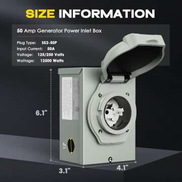 Rophor 50 Amp Generator Power Inlet Box, NEMA SS2-50P for 3 Prong Generator Cord, 125/250 Volt, 12500 Watts, Weatherproof, Outdoor Use, ETL Listed