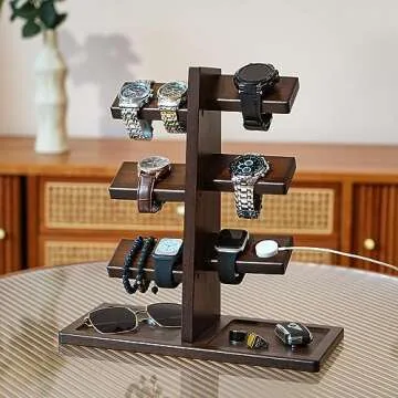 ikkle Watch Holder Stand with Charging Station Wooden Watch Display Tower Jewelry Organizer for Rings, Coins Bracelets, Necklaces, Great Gift for Men