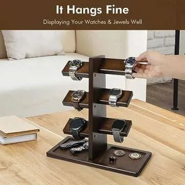 ikkle Watch Holder Stand with Charging Station Wooden Watch Display Tower Jewelry Organizer for Rings, Coins Bracelets, Necklaces, Great Gift for Men
