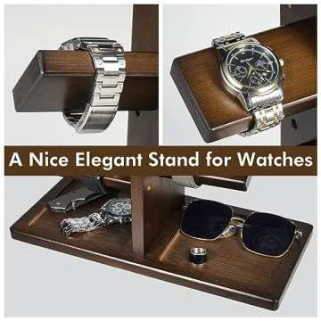 ikkle Watch Holder Stand with Charging Station Wooden Watch Display Tower Jewelry Organizer for Rings, Coins Bracelets, Necklaces, Great Gift for Men