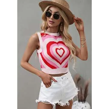 Angashion Women's Pullover Sweaters Casual Heart Printed Mock Neck Long Sleeve Color Block Knit Sweater Tops 2279 Pink Medium