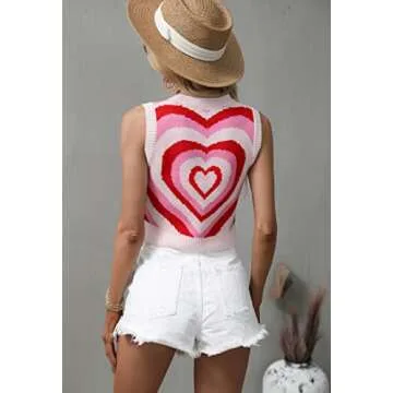 Angashion Women's Pullover Sweaters Casual Heart Printed Mock Neck Long Sleeve Color Block Knit Sweater Tops 2279 Pink Medium