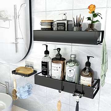 Roseyat Shower Caddy Shelf Organizer with Hooks, Adhesive Shower Storage Organizer Rack for Bathroom, Kitchen, No Drilling Wall Mounted Shampoo Holder Basket with Shower Soap Dish-3 Pack Black…