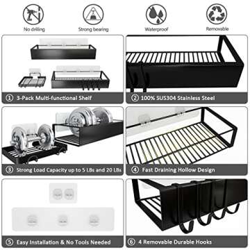 Roseyat Shower Caddy Shelf Organizer with Hooks, Adhesive Shower Storage Organizer Rack for Bathroom, Kitchen, No Drilling Wall Mounted Shampoo Holder Basket with Shower Soap Dish-3 Pack Black…