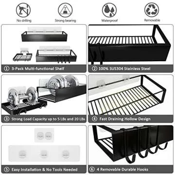 Roseyat Shower Caddy Shelf Organizer with Hooks, Adhesive Shower Storage Organizer Rack for Bathroom, Kitchen, No Drilling Wall Mounted Shampoo Holder Basket with Shower Soap Dish-3 Pack Black…