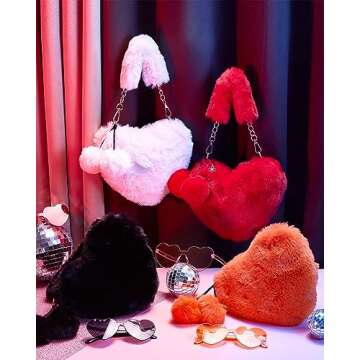 Aliceset 4 Sets Valentine's Day Furry Purse Heart Shaped Furry Purse Glasses Set, Fluffy Love Shaped Wallet, Soft Faux Fur Handbag for Women Ladies Happy Valentine's Gifts