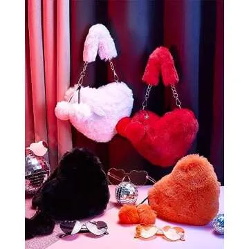 Aliceset 4 Sets Valentine's Day Furry Purse Heart Shaped Furry Purse Glasses Set, Fluffy Love Shaped Wallet, Soft Faux Fur Handbag for Women Ladies Happy Valentine's Gifts