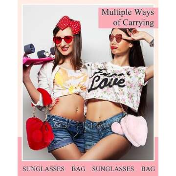 Aliceset 4 Sets Valentine's Day Furry Purse Heart Shaped Furry Purse Glasses Set, Fluffy Love Shaped Wallet, Soft Faux Fur Handbag for Women Ladies Happy Valentine's Gifts