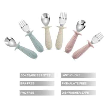 PandaEar 6 Pieces Baby Toddler Silicone Stainless Steel Utensils Silverware Spoon Fork for Baby Todd...