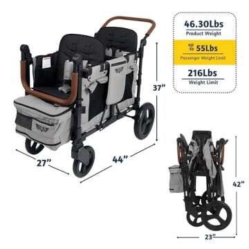 Keenz VYOO Stroller Wagon with Canopy - Foldable Design for Easy Storage, 5 Seating Positions for Kids, Enhanced Child Safety, All-Terrain Mobility, 2-Passengers, Grey