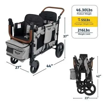 Keenz VYOO Stroller Wagon with Canopy - Foldable Design for Easy Storage, 5 Seating Positions for Kids, Enhanced Child Safety, All-Terrain Mobility, 2-Passengers, Grey