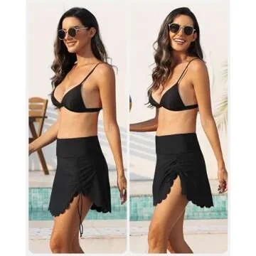 ANFILIA High Waisted Swim Skirts for Women Scallop Tummy Control Swimsuit Skort Bottom Split Skirts Black L