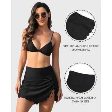 ANFILIA High Waisted Swim Skirts for Women Scallop Tummy Control Swimsuit Skort Bottom Split Skirts Black L