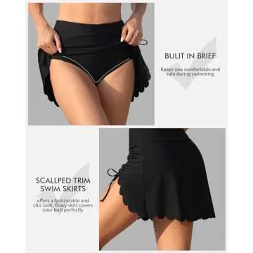 ANFILIA High Waisted Swim Skirts for Women Scallop Tummy Control Swimsuit Skort Bottom Split Skirts Black L